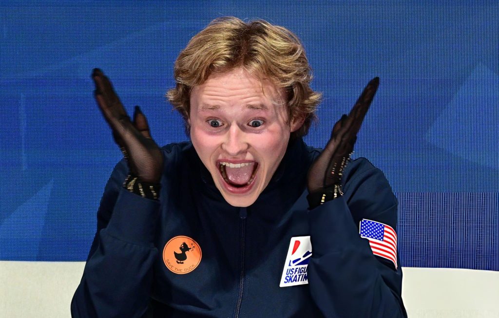 Ilia Malinin of the United States reacts as his score has been announced at the kiss and cry after competing in the Men Free Skating during the ISU Grand Prix of Figure Skating Final Nagoya